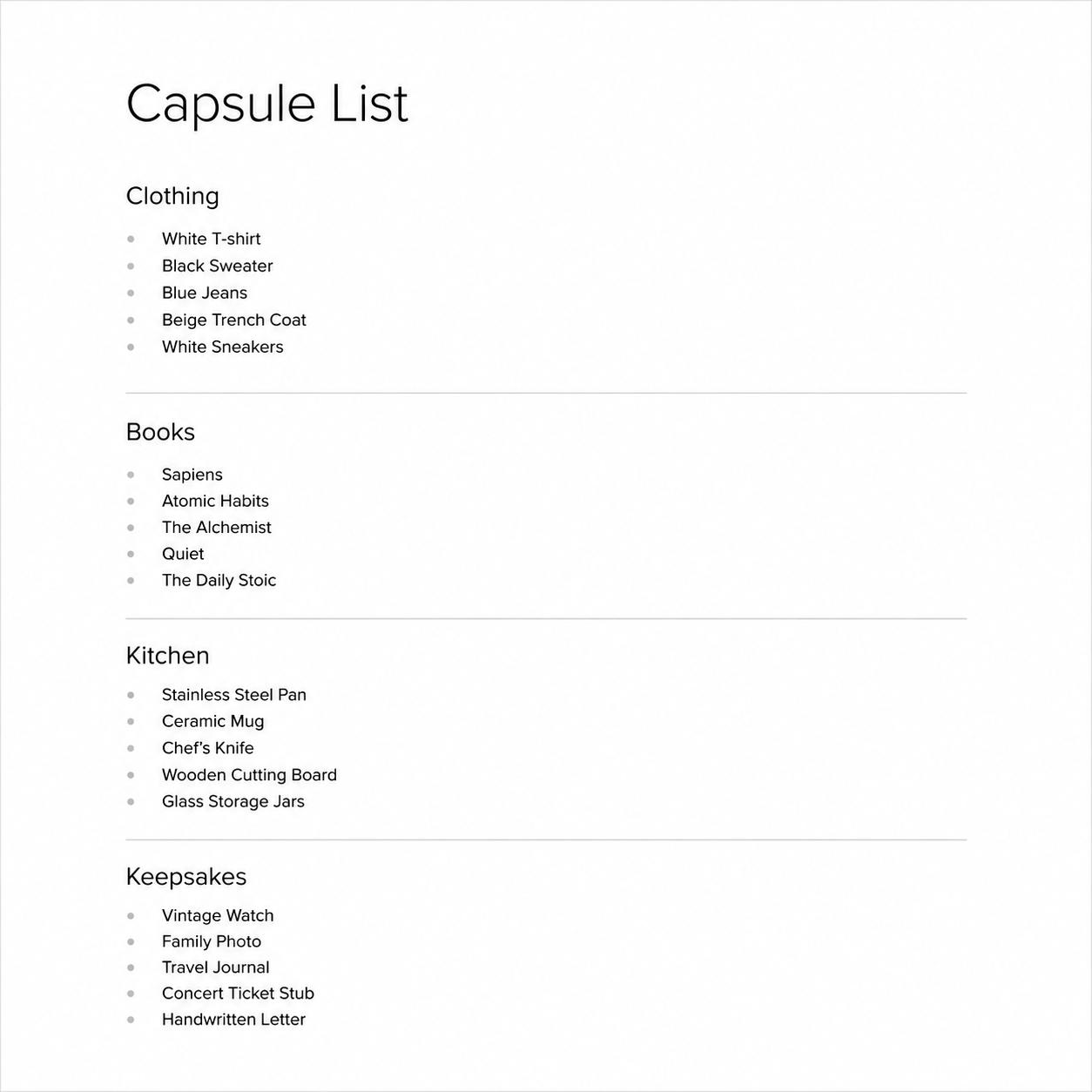 Capsule checklist organized by category